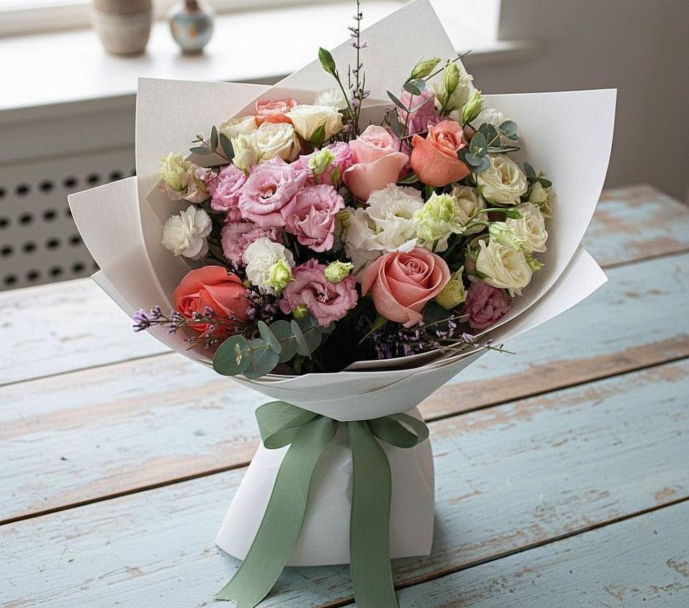 Букет цветов из: Розы, Лизиантусы и Гвоздики в Путилково