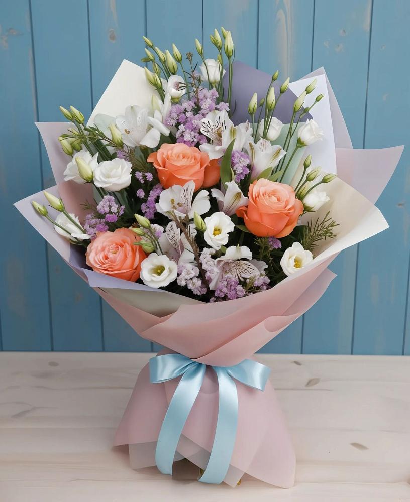 Букет цветов из: Лизиантусы, Розы, Альстромерии и Гипсофила в Путилково