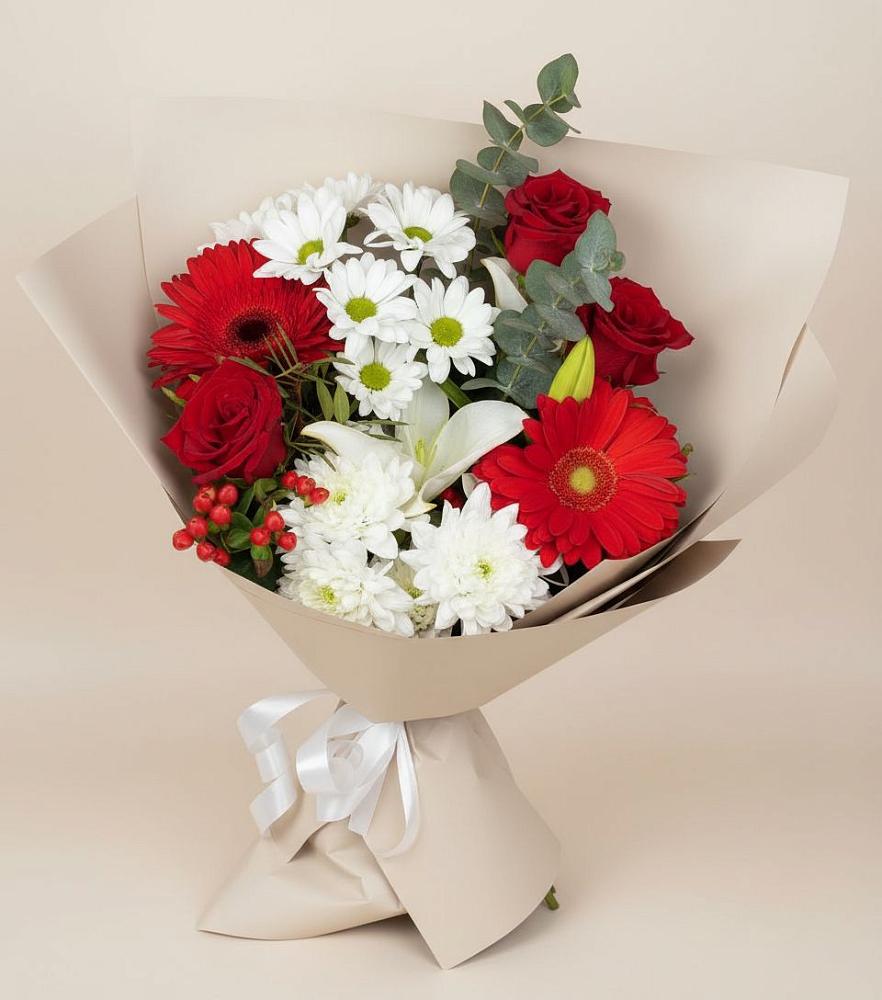 Букет цветов из: Розы, Хризантемы, Герберы и Лилии в Путилково